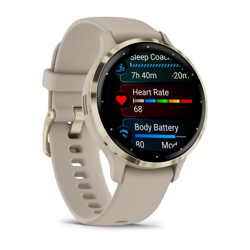 Garmin Venu 3S, bisel de acero inoxidable dorado suave de 41 mm con caja gris francesa y correa de silicona (010-02785-02)