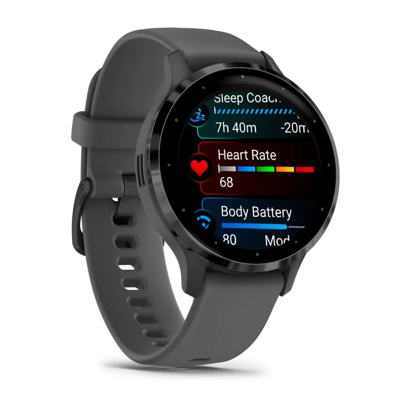 Garmin Venu 3S, bisel de acero inoxidable color pizarra de 41 mm con caja gris guijarro y correa de silicona (010-02785-00)