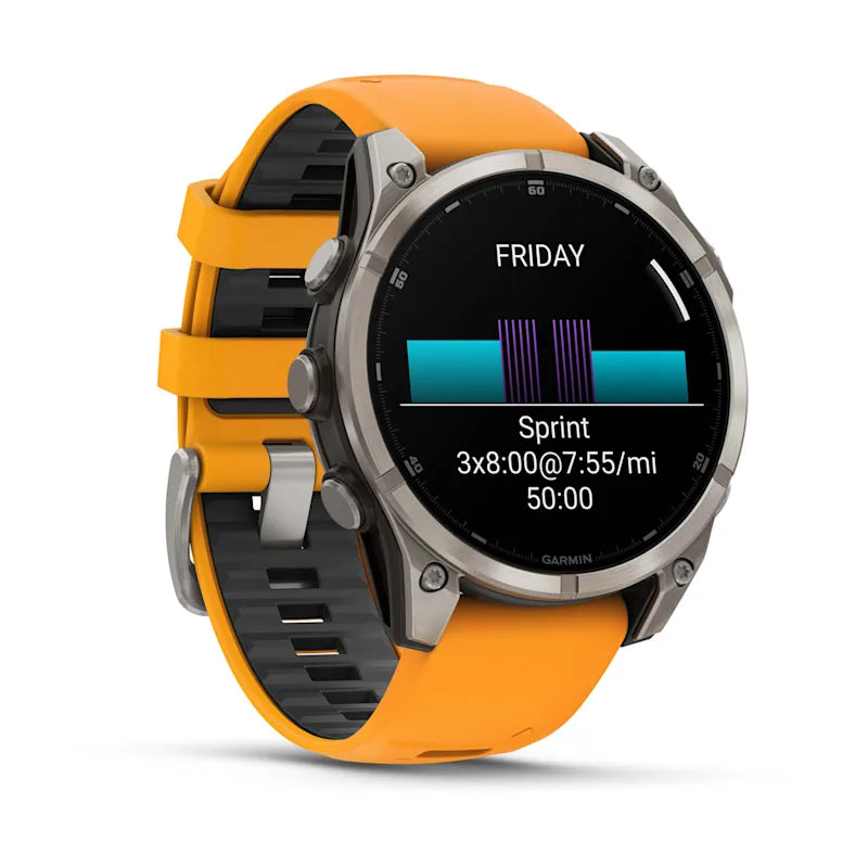 Garmin Fenix ​​8, 47 mm AMOLED Zafiro, Titanio con Correa de Silicona Naranja Brillante/Grafito (010-02904-10)