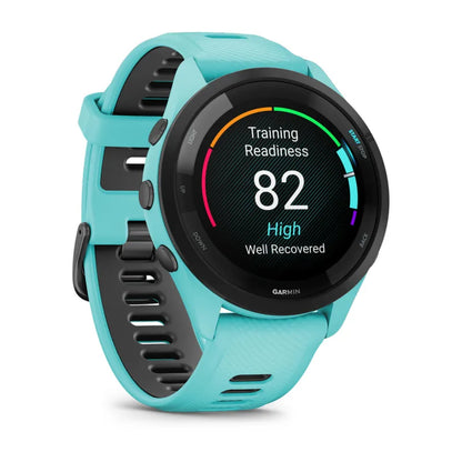 Garmin Forerunner 265, bisel negro de 46 mm con caja color aguamarina y correa de silicona color aguamarina y negro (010-02810-02)