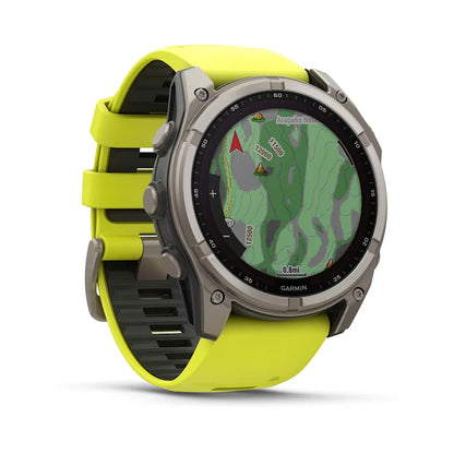 Garmin Fenix ​​8, 51 mm, zafiro solar, titanio con correa de silicona amarilla/grafito (010-02907-20)