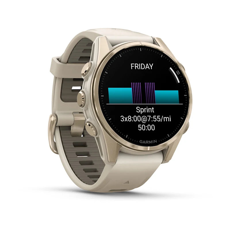 Garmin Fenix ​​8, 43 mm AMOLED Zafiro, Oro suave con correa de silicona gris niebla/arenisca oscura (010-02903-10)