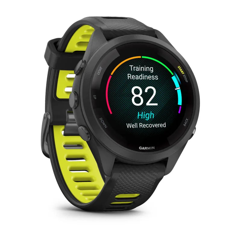 Garmin Forerunner 265S, 42 mm Black Bezel and Case with Black/Amp Yellow Silicone Band (010-02810-03)