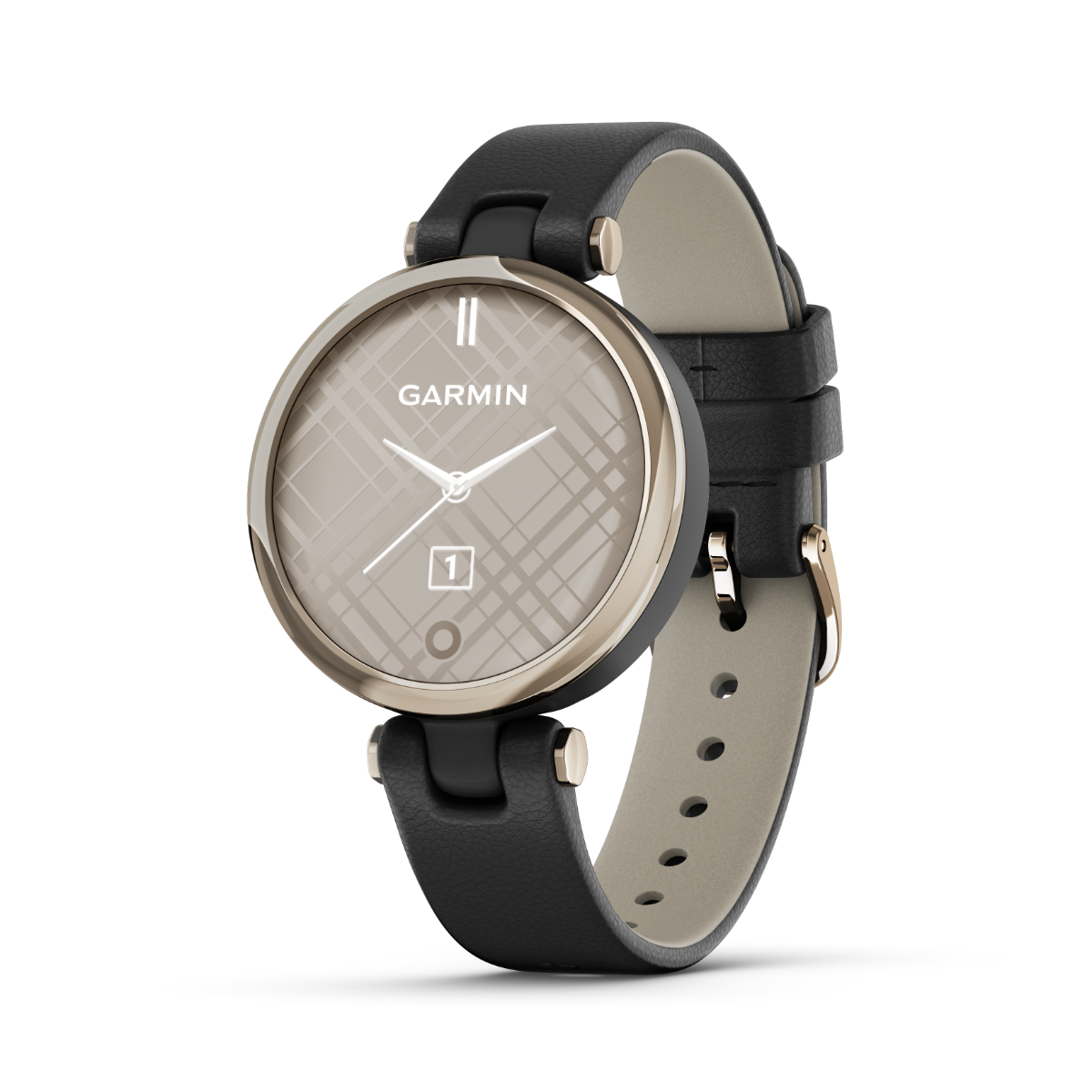 Garmin Lily - Edición clásica con bisel dorado crema, caja negra y correa de cuero italiano 