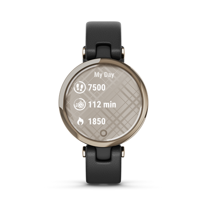 Garmin Lily - Edición clásica con bisel dorado crema, caja negra y correa de cuero italiano 