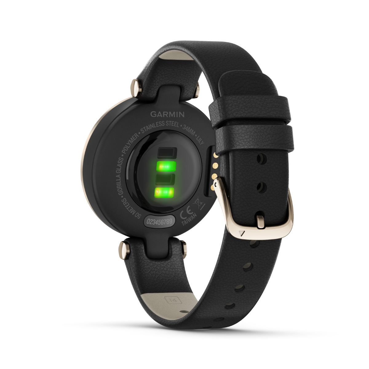 Garmin Lily - Edición clásica con bisel dorado crema, caja negra y correa de cuero italiano 