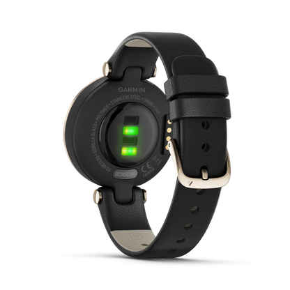 Garmin Lily - Edición clásica con bisel dorado crema, caja negra y correa de cuero italiano 