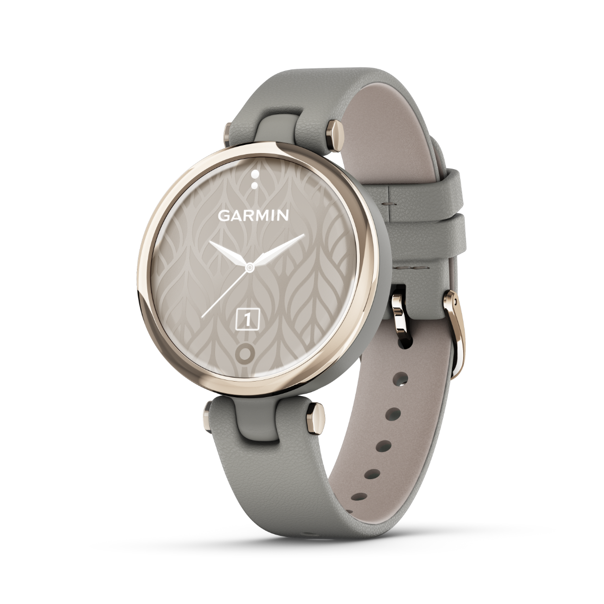 Garmin Lily - Edición clásica con bisel dorado crema, caja gris Braloba y correa de cuero italiana 