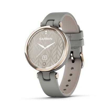 Garmin Lily - Edición clásica con bisel dorado crema, caja gris Braloba y correa de cuero italiana 