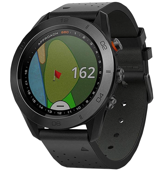 Garmin Approach S60, reloj inteligente con GPS para golf y telémetro, color negro, con correa de cuero (reacondicionado certificado por Garmin)