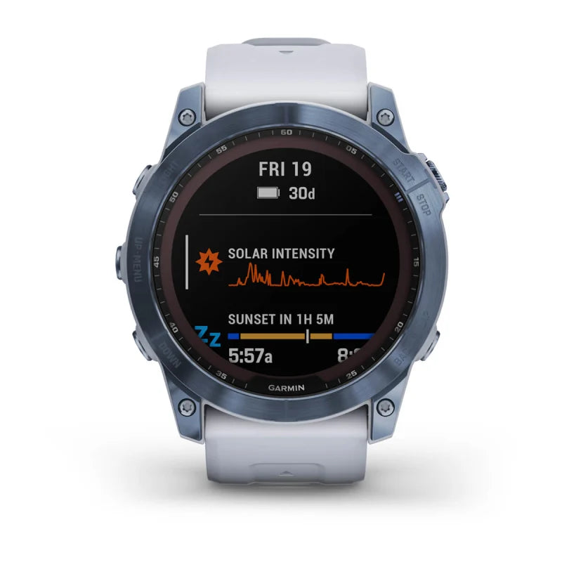 Garmin Fēnix 7X, edición solar de zafiro, titanio azul mineral con correa de piedra blanca (reacondicionado certificado por Garmin)