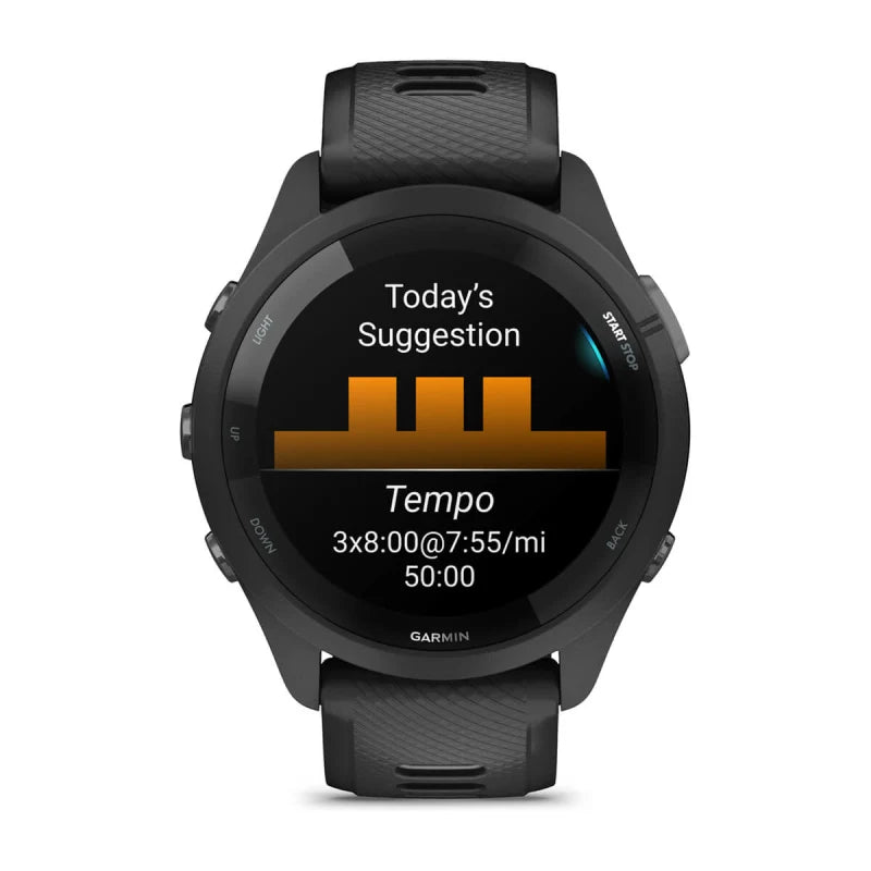 Garmin Forerunner 265, caja y bisel negros de 46 mm con correa de silicona negra/gris polvoriento (010-02810-00)