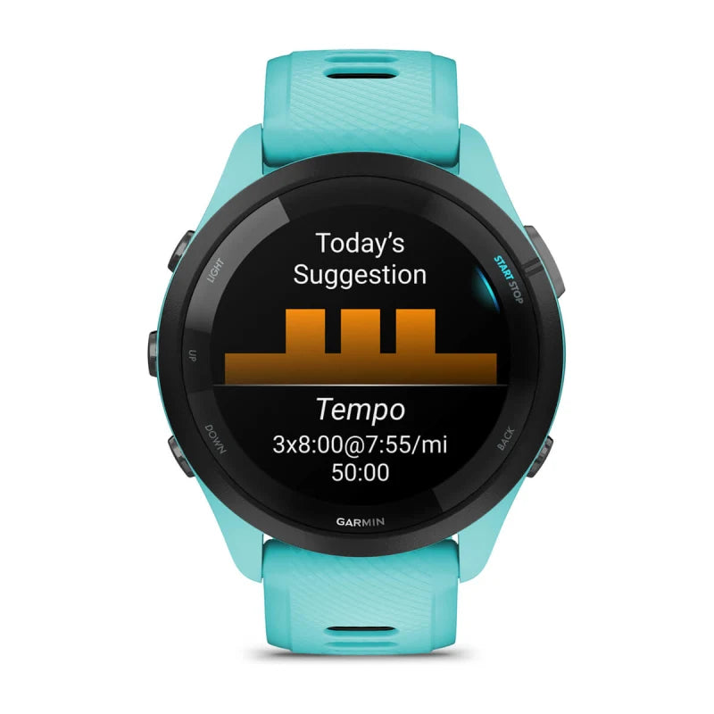 Garmin Forerunner 265, bisel negro de 46 mm con caja color aguamarina y correa de silicona color aguamarina y negro (010-02810-02)