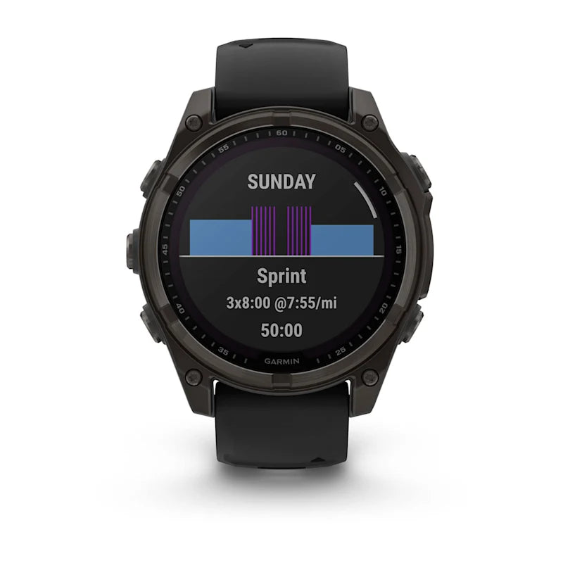 Garmin Fenix ​​8, AMOLED de 47 mm, zafiro solar, titanio DLC gris carbono con correa de silicona negra/gris guijarro (010-02906-10)