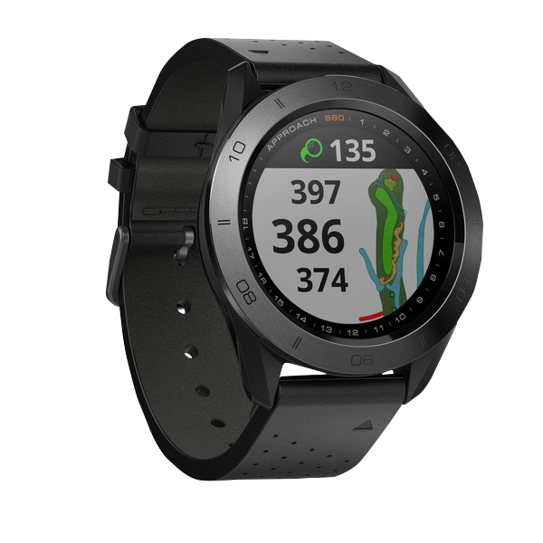 Garmin Approach S60, reloj inteligente con GPS para golf y telémetro, color negro, con correa de cuero (reacondicionado certificado por Garmin)