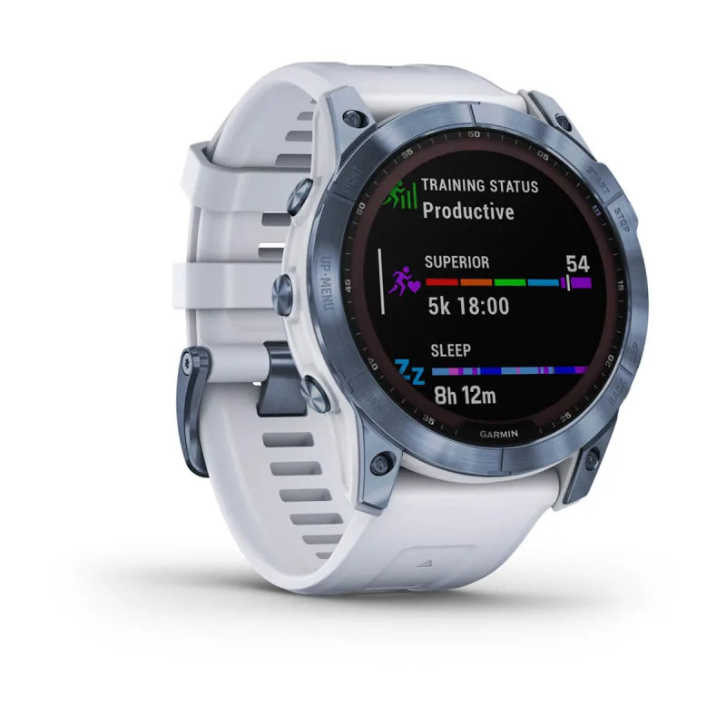 Garmin Fēnix 7X, edición solar de zafiro, titanio azul mineral con correa de piedra blanca (reacondicionado certificado por Garmin)