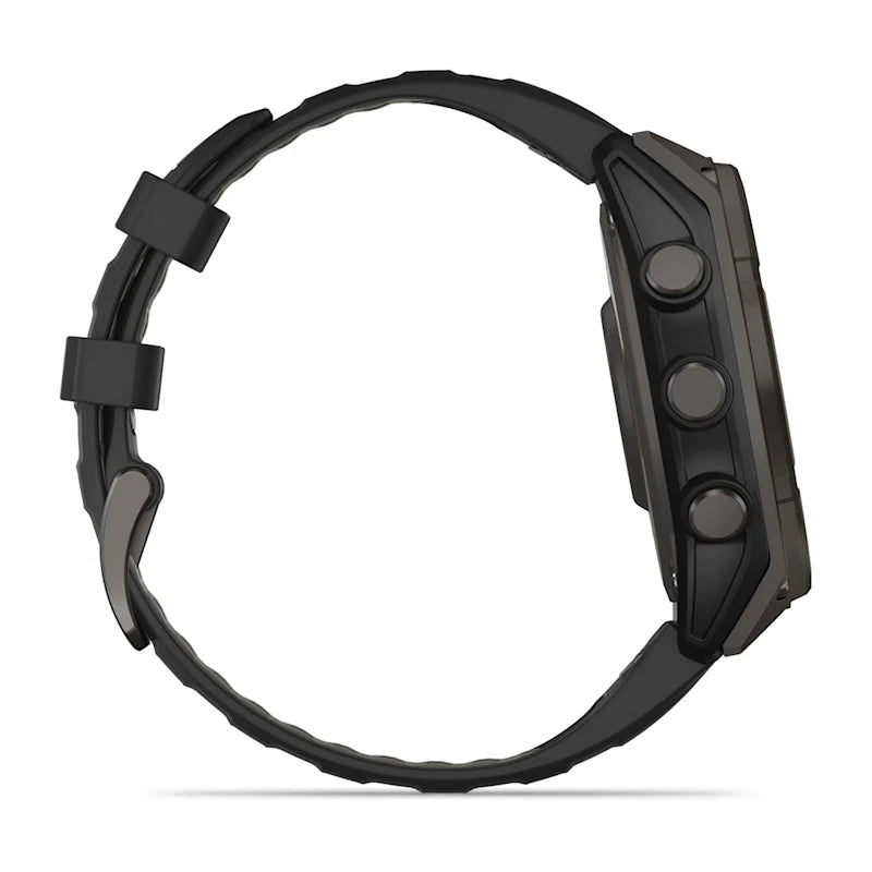 Garmin Fenix ​​8, AMOLED de 47 mm, zafiro solar, titanio DLC gris carbono con correa de silicona negra/gris guijarro (010-02906-10)