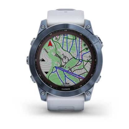 Garmin Fēnix 7X, edición solar de zafiro, titanio azul mineral con correa de piedra blanca (reacondicionado certificado por Garmin)