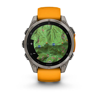 Garmin Fenix ​​8, 47 mm AMOLED Zafiro, Titanio con Correa de Silicona Naranja Brillante/Grafito (010-02904-10)