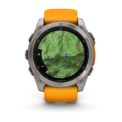 Garmin Fenix ​​8, 51 mm AMOLED Zafiro, Titanio con Correa de Silicona Naranja Brillante/Grafito (010-02905-10)