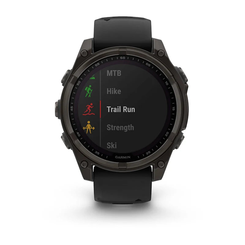 Garmin Fenix ​​8, AMOLED de 47 mm, zafiro solar, titanio DLC gris carbono con correa de silicona negra/gris guijarro (010-02906-10)