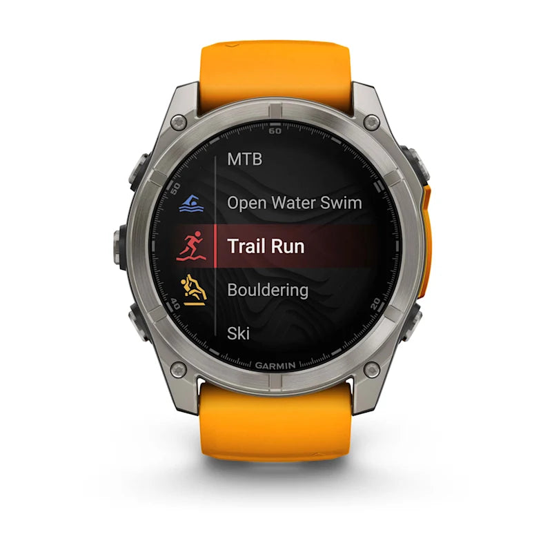 Garmin Fenix ​​8, 51 mm AMOLED Zafiro, Titanio con Correa de Silicona Naranja Brillante/Grafito (010-02905-10)