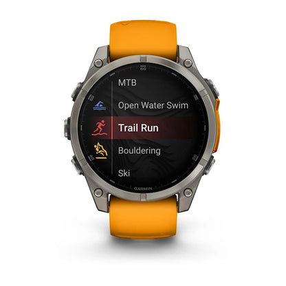 Garmin Fenix ​​8, 47 mm AMOLED Zafiro, Titanio con Correa de Silicona Naranja Brillante/Grafito (010-02904-10)