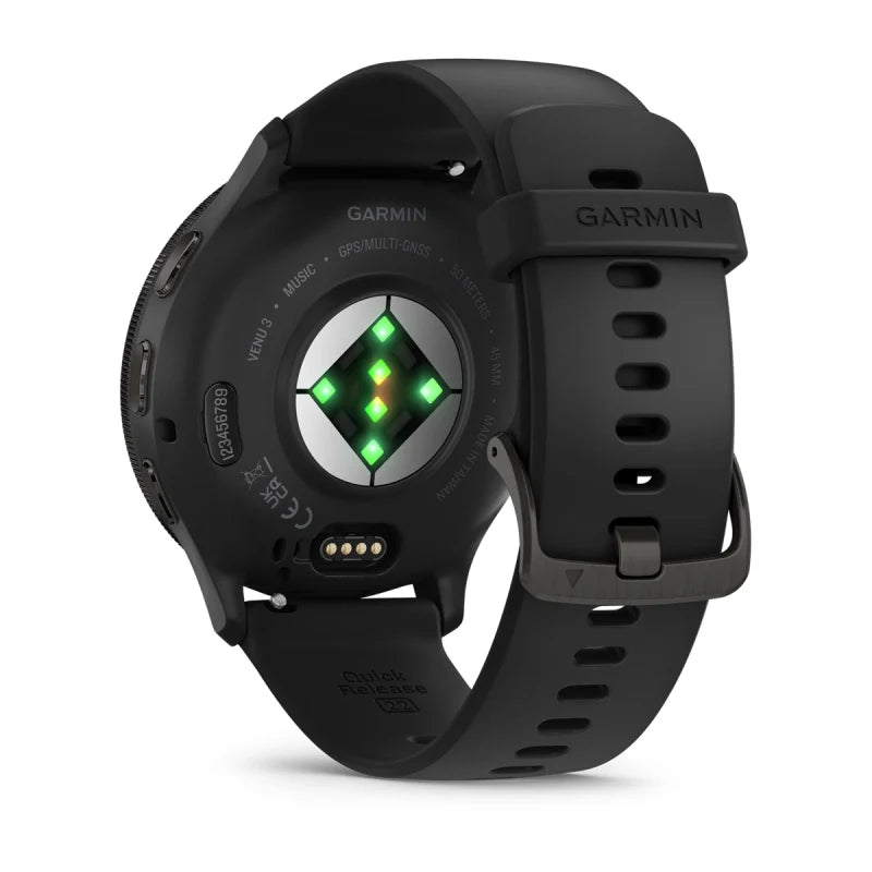 Garmin Venu 3, bisel de acero inoxidable en color pizarra de 45 mm con caja negra y correa de silicona (010-02784-01)