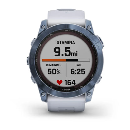 Garmin Fēnix 7X, edición solar de zafiro, titanio azul mineral con correa de piedra blanca (reacondicionado certificado por Garmin)