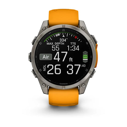 Garmin Fenix ​​8, 47 mm AMOLED Zafiro, Titanio con Correa de Silicona Naranja Brillante/Grafito (010-02904-10)