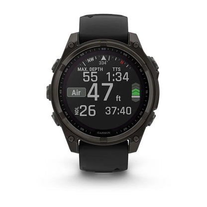 Garmin Fenix ​​8, AMOLED de 47 mm, zafiro solar, titanio DLC gris carbono con correa de silicona negra/gris guijarro (010-02906-10)