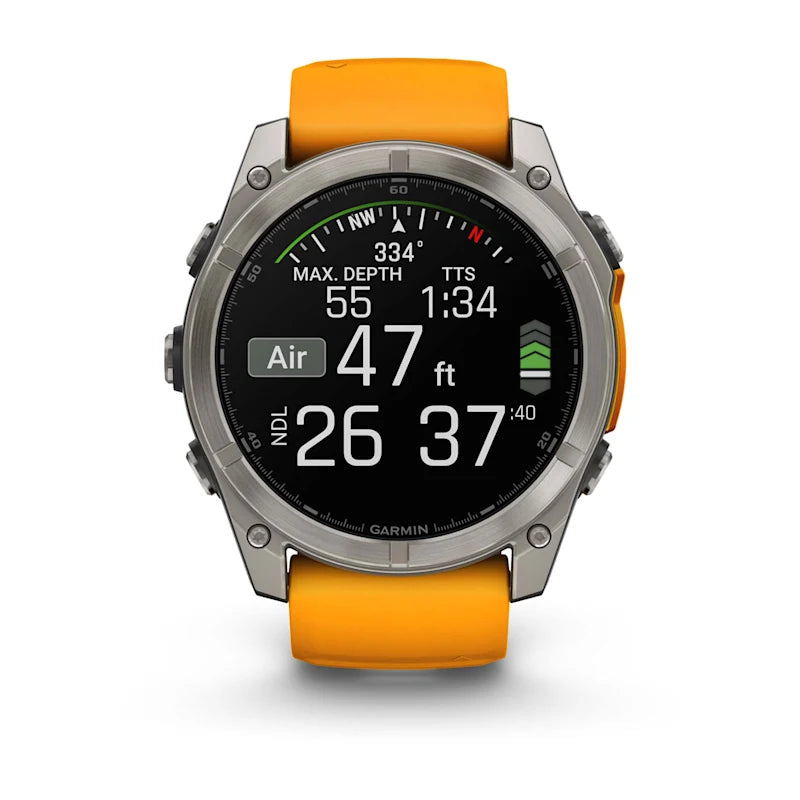 Garmin Fenix ​​8, 51 mm AMOLED Zafiro, Titanio con Correa de Silicona Naranja Brillante/Grafito (010-02905-10)