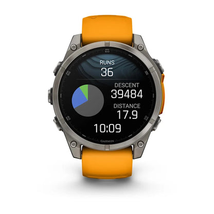 Garmin Fenix ​​8, 47 mm AMOLED Zafiro, Titanio con Correa de Silicona Naranja Brillante/Grafito (010-02904-10)