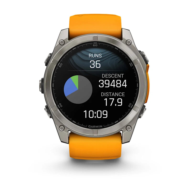 Garmin Fenix ​​8, 51 mm AMOLED Zafiro, Titanio con Correa de Silicona Naranja Brillante/Grafito (010-02905-10)