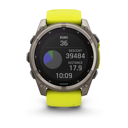 Garmin Fenix ​​8, 51 mm, zafiro solar, titanio con correa de silicona amarilla/grafito (010-02907-20)