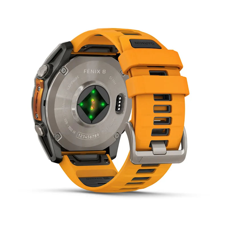 Garmin Fenix ​​8, 51 mm AMOLED Zafiro, Titanio con Correa de Silicona Naranja Brillante/Grafito (010-02905-10)