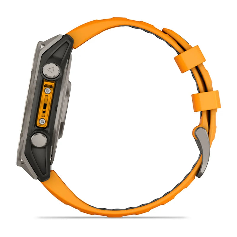 Garmin Fenix ​​8, 47 mm AMOLED Zafiro, Titanio con Correa de Silicona Naranja Brillante/Grafito (010-02904-10)