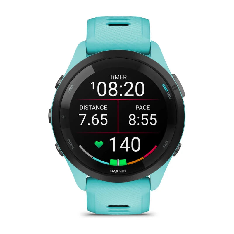 Garmin Forerunner 265, bisel negro de 46 mm con caja color aguamarina y correa de silicona color aguamarina y negro (010-02810-02)