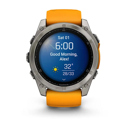 Garmin Fenix ​​8, 51 mm AMOLED Zafiro, Titanio con Correa de Silicona Naranja Brillante/Grafito (010-02905-10)