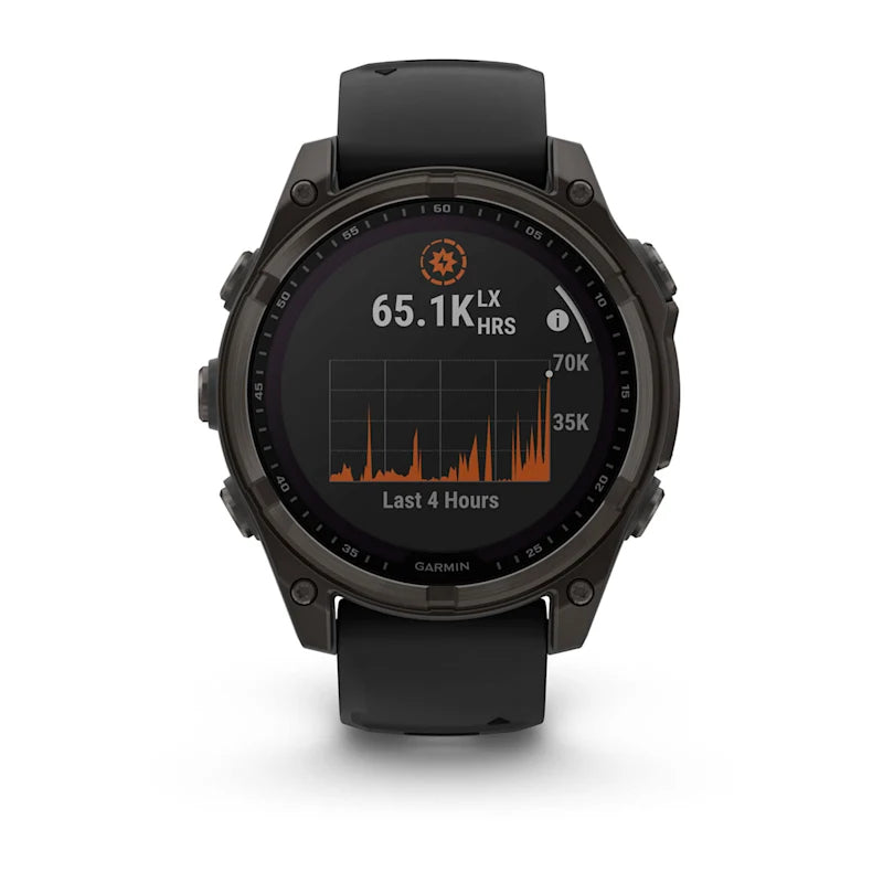 Garmin Fenix ​​8, AMOLED de 47 mm, zafiro solar, titanio DLC gris carbono con correa de silicona negra/gris guijarro (010-02906-10)