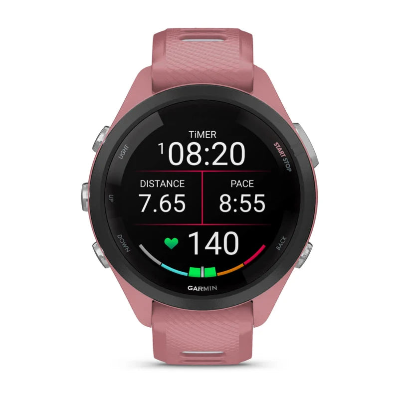 Garmin Forerunner 265S, bisel negro de 42 mm con caja rosa claro y correa de silicona rosa claro/Whitestone (010-02810-05)