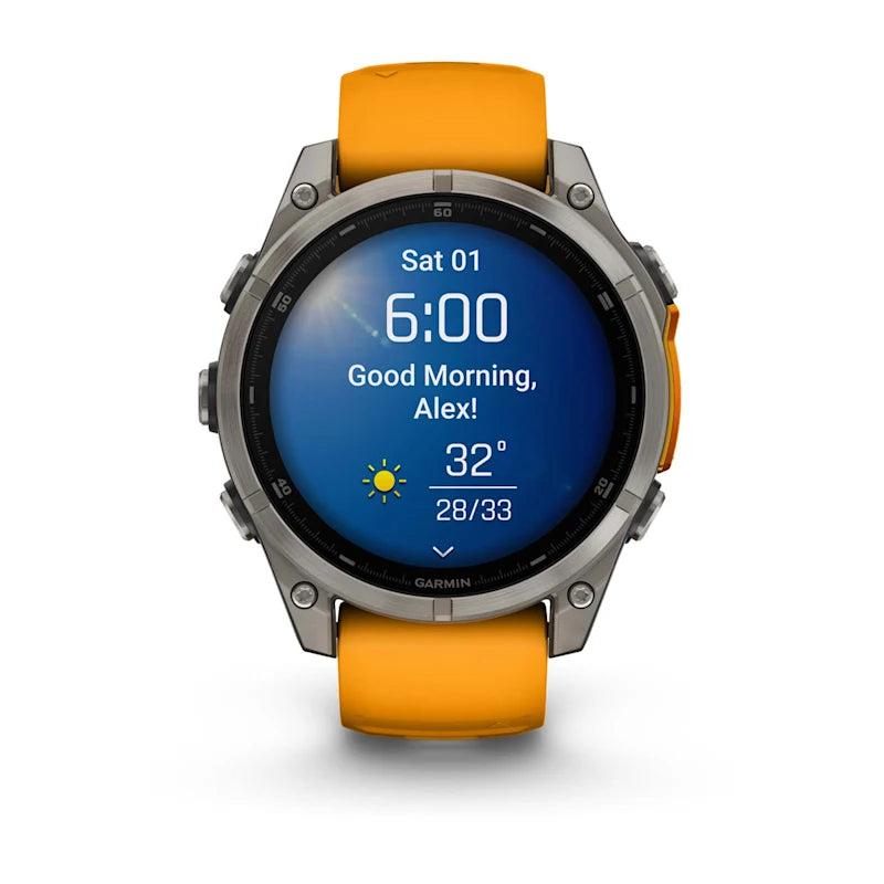 Garmin Fenix ​​8, 47 mm AMOLED Zafiro, Titanio con Correa de Silicona Naranja Brillante/Grafito (010-02904-10)