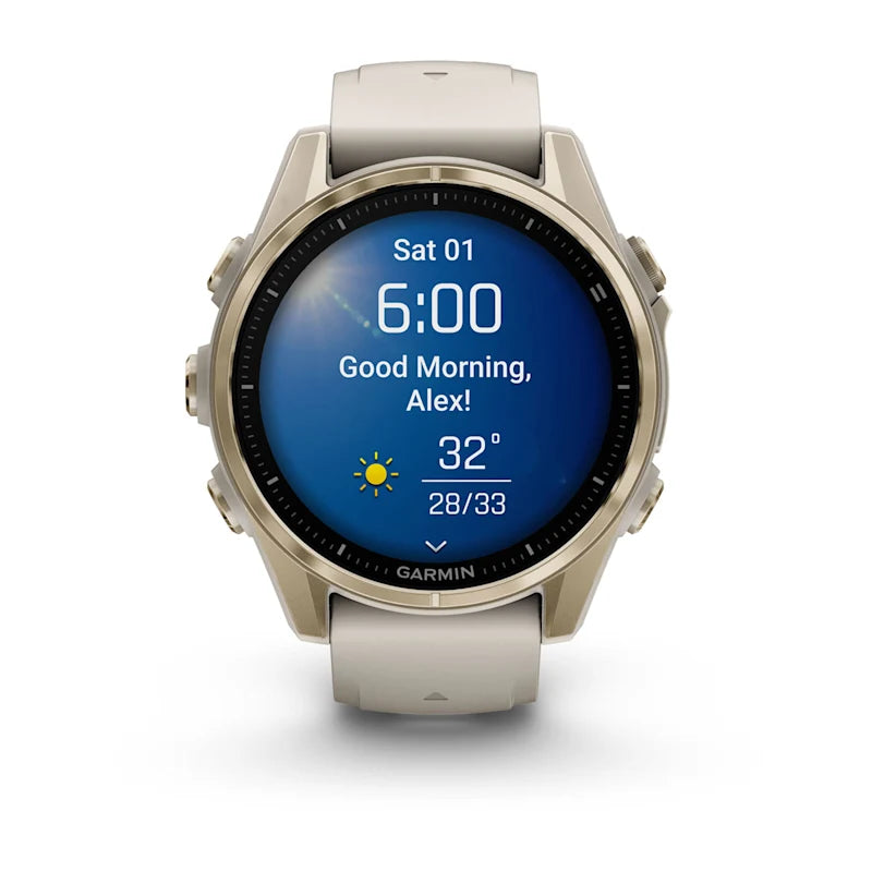 Garmin Fenix ​​8, 43 mm AMOLED Zafiro, Oro suave con correa de silicona gris niebla/arenisca oscura (010-02903-10)