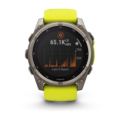 Garmin Fenix ​​8, 51 mm, zafiro solar, titanio con correa de silicona amarilla/grafito (010-02907-20)