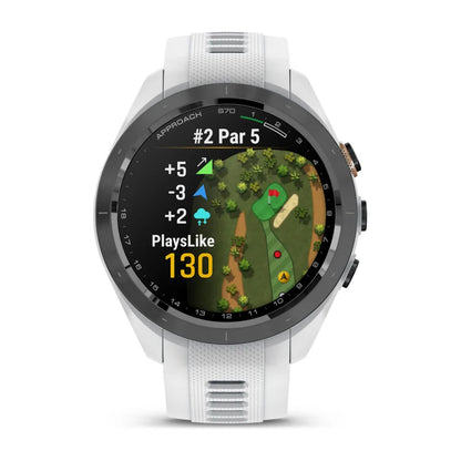 Garmin Approach S70, bisel de cerámica negro/melocotón de 42 mm con correa de silicona blanca (010-02746-00)