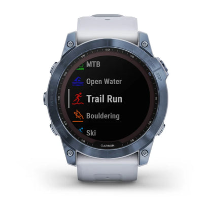 Garmin Fēnix 7X, edición solar de zafiro, titanio azul mineral con correa de piedra blanca (reacondicionado certificado por Garmin)