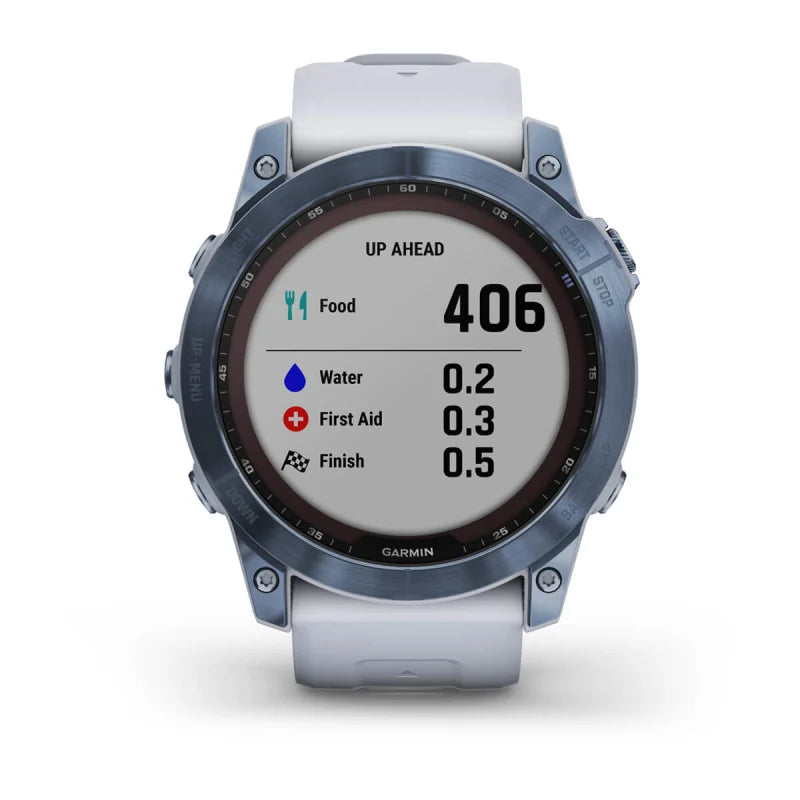 Garmin Fēnix 7X, edición solar de zafiro, titanio azul mineral con correa de piedra blanca (reacondicionado certificado por Garmin)