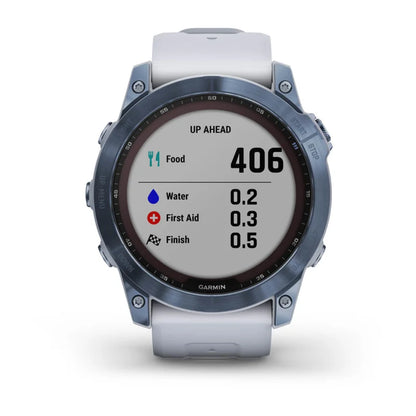 Garmin Fēnix 7X, edición solar de zafiro, titanio azul mineral con correa de piedra blanca (reacondicionado certificado por Garmin)