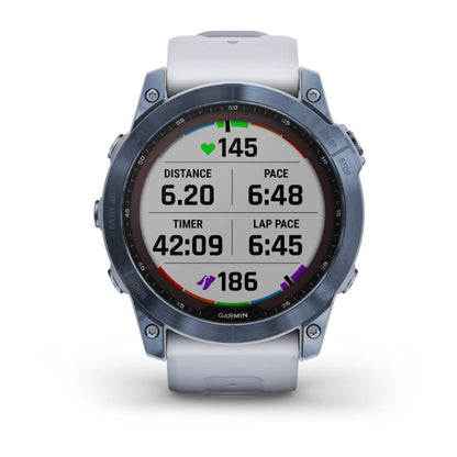 Garmin Fēnix 7X, edición solar de zafiro, titanio azul mineral con correa de piedra blanca (reacondicionado certificado por Garmin)