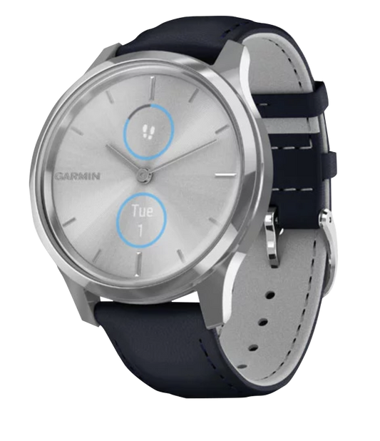 Garmin Vívomove Luxe - Silver Stainless Steel Case with Navy Italian Leather Band (010-02241-00)